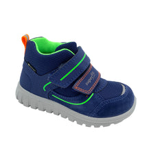 Load image into Gallery viewer, Blue children's shoe with green accents on a white background