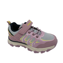 Load image into Gallery viewer, Purple and gray sneaker with a velcro strap on a white background