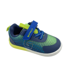 Load image into Gallery viewer, A toddler's blue and green sneaker with a blue hook-and-loop strap, yellow accents, and a white sole, photographed on a white background.