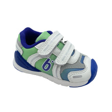 Load image into Gallery viewer, Children's sneaker with green, blue, and white color scheme on a white background