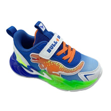 Load image into Gallery viewer, Blue children's sneaker with a cartoon alligator design on a white background