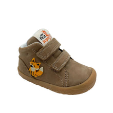 Load image into Gallery viewer, A toddler's brown suede high-top shoe with two hook-and-loop straps, a small embroidered fox patch on the side, and a white tongue label.