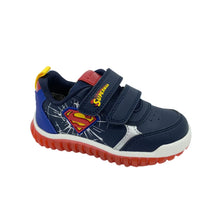 Load image into Gallery viewer, A toddler's navy blue Superman sneaker with a red and yellow sole, featuring a Superman logo on the side and two hook-and-loop straps.