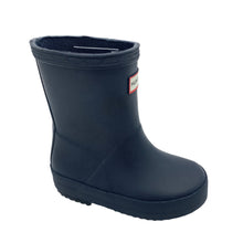 Load image into Gallery viewer, Navy rain boot with a visible brand logo on a white background