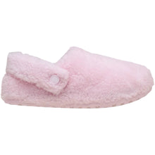 Load image into Gallery viewer, A single light pink fluffy shearling slipper shown from a side profile against a solid black background.