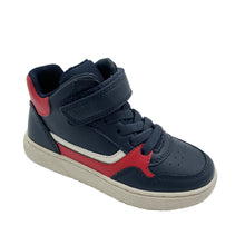 Load image into Gallery viewer, Navy and red high-top sneaker on a white background