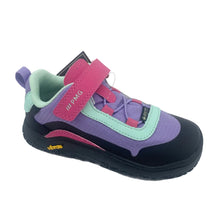 Load image into Gallery viewer, A children's outdoor shoe in purple, pink, mint green, and black, featuring a hook-and-loop strap closure with 'HIPMO' branding and a Vibram sole.