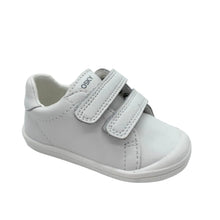 Load image into Gallery viewer, White children's sneaker with velcro straps on a light gray background