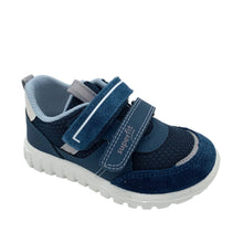 Load image into Gallery viewer, Navy blue children's shoe with white sole on a light gray background