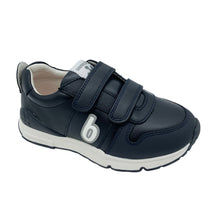 Load image into Gallery viewer, Navy blue children's shoe with velcro straps on a white background