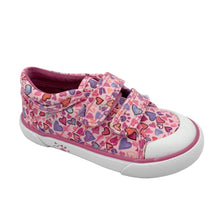 Load image into Gallery viewer, A pink canvas shoe with heart patterns, featuring a non-slip rubber sole and double velcro fastenings.