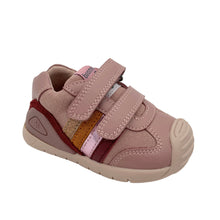 Load image into Gallery viewer, A pink and brown biomechanics kiss striped shoe with double velcro for easy on/off.