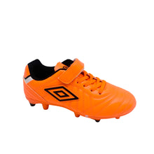 Load image into Gallery viewer, Orange soccer cleat with black accents on a light gray background