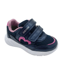 Load image into Gallery viewer, Navy blue children's sneaker with pink accents on a white background