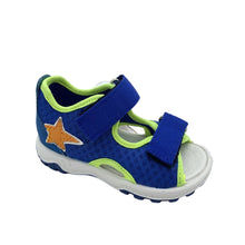 Load image into Gallery viewer, Blue children's sandal with green straps on a white background