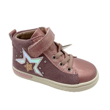 Load image into Gallery viewer, A toddler's high-top sneaker in a dusty rose pink color, featuring a glittery star patch on the side with a small gold star inside, silver studs, a hook-and-loop strap closure, and a cream-colored sole.