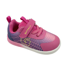 Load image into Gallery viewer, A pink toddler's hook-and-loop sneaker with a gradient pattern transitioning from pink to purple and navy blue, featuring a yellow geometric design on the side and a white sole.