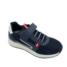 Load image into Gallery viewer, A Geox Briezee Trainer shoe for boys, featuring navy blue color with dark red accents and a white sole, with breathable upper material, elastic lace, and single velcro fastening.
