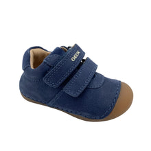 Load image into Gallery viewer, A single navy blue Geox baby shoe with two hook-and-loop straps and a tan rubber toe cap, photographed on a clean white background.