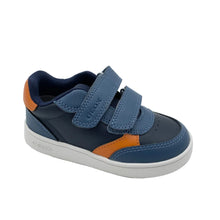 Load image into Gallery viewer, A toddler's Geox low-top sneaker in navy blue with orange accents and double hook-and-loop straps, shown on a white background.