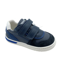 Load image into Gallery viewer, Navy and blue children's shoe with velcro straps on a white background