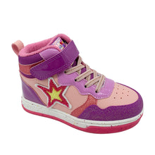 Load image into Gallery viewer, Pink and purple children's sneaker with a star design on a white background