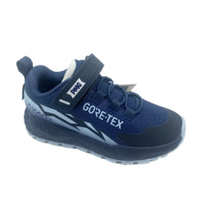 Load image into Gallery viewer, A navy blue kids' athletic shoe with a hook-and-loop strap closure, featuring 'GORE-TEX' and 'PINEUS' branding on the side and strap, set against a plain white background.
