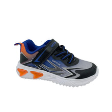 Load image into Gallery viewer, A kids' Geox sneaker in gray, black, and blue with bright orange accents on the heel and tongue, shown against a plain white background.