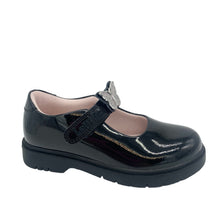 Load image into Gallery viewer, Black patent leather shoe with a strap on a white background