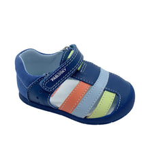 Load image into Gallery viewer, Blue children's sandal with multicolored straps on a white background