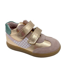 Load image into Gallery viewer, Gold and brown children's shoe with checkered pattern on a white background