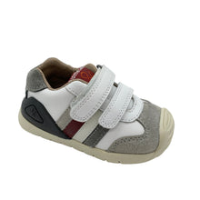 Load image into Gallery viewer, Children's shoe with white and gray design on a white background