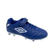 Load image into Gallery viewer, Blue soccer shoe with a visible brand logo on a white background