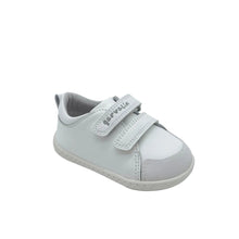 Load image into Gallery viewer, A white Garvalin barefoot shoe with a velcro strap and rubber toe guard.