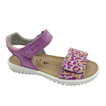 Load image into Gallery viewer, A child's sandal in purple with pink animal print, featuring a velcro fastening and a leather upper.