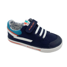 Load image into Gallery viewer, Children's navy blue sneaker with white laces on a white background