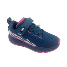 Load image into Gallery viewer, A navy blue kids' athletic shoe with pink accents, featuring a hook-and-loop strap closure and the brand name 'PINE' on the strap.