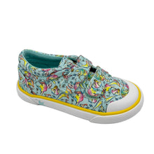 Load image into Gallery viewer, A children's canvas shoe with a colorful dinosaur print, featuring a non-slip rubber sole and double velcro fastenings.