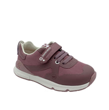 Load image into Gallery viewer, A pink Biomechanics Malva Rosa Trainer with a leather lining, single velcro and elastic laces, toe guard, and anti-bacterial removable insole.