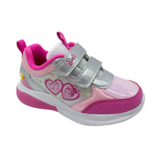 Load image into Gallery viewer, A children's light-up sneaker featuring a pink and silver design with heart graphics and Velcro straps, shown on a white background.