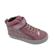 Load image into Gallery viewer, Pink high-top sneaker with star pattern on a white background