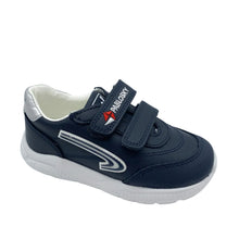 Load image into Gallery viewer, A navy blue toddler sneaker with hook-and-loop straps, featuring a white sole and a silver side accent, photographed on a light gray background.