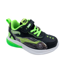 Load image into Gallery viewer, Black and green children's shoe with glowing wheels on a white background