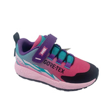 Load image into Gallery viewer, A children's GORE-TEX hiking shoe in pink, purple, teal, and black, featuring a hook-and-loop strap closure and a thick pink midsole.