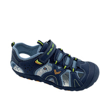 Load image into Gallery viewer, Navy blue children's sandal with green accents on a white background