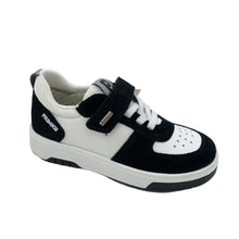 Load image into Gallery viewer, A pair of Primigi Nero Trainer sneakers in white and black with a single velcro fastening and elasticated lace.