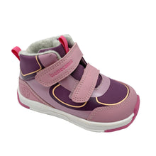 Load image into Gallery viewer, A toddler's mid-top sneaker in shades of pink and purple, featuring a pink strap with 'bionics' printed on it, a white midsole, and a pink outsole.