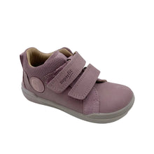 Load image into Gallery viewer, A single children's shoe in a dusty mauve-purple color, featuring two hook-and-loop straps and a gray sole, photographed on a white studio background.