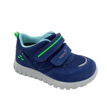 Load image into Gallery viewer, Blue children's shoe with green accents on a white background