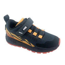 Load image into Gallery viewer, A kids' PING brand athletic shoe in black mesh with gold graphic accents and orange details on the laces and outsole, shown against a plain white background.